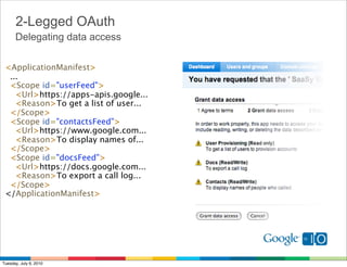 2-Legged OAuth
      Delegating data access

 <ApplicationManifest>
   ... 
   <Scope id="userFeed">
     <Url>https://apps-apis.google...
     <Reason>To get a list of user...
   </Scope>
   <Scope id="contactsFeed">
     <Url>https://www.google.com... 
     <Reason>To display names of... 
   </Scope>
   <Scope id="docsFeed"> 
     <Url>https://docs.google.com... 
     <Reason>To export a call log... 
   </Scope> 
 </ApplicationManifest>




Tuesday, July 6, 2010
 