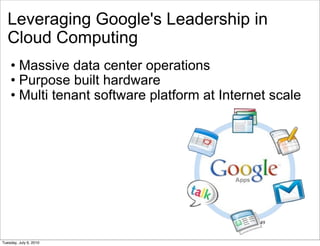 Leveraging Google's Leadership in
   Cloud Computing
    • Massive data center operations
    • Purpose built hardware
    • Multi tenant software platform at Internet scale




                                              49


Tuesday, July 6, 2010
 
