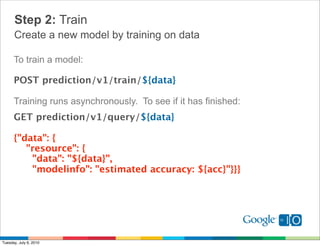 Step 2: Train
      Create a new model by training on data

      To train a model:

      POST prediction/v1/train/${data...