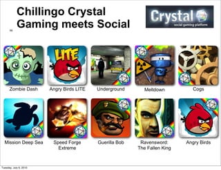 Chillingo Crystal
      59
            Gaming meets Social




      Zombie Dash       Angry Birds LITE   Underground     ...