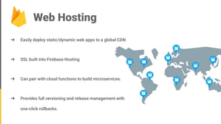 Web Hosting
➔ Easily deploy static/dynamic web apps to a global CDN
➔ SSL built into Firebase Hosting
➔ Can pair with cloud functions to build microservices.
➔ Provides full versioning and release management with
one-click rollbacks.
 