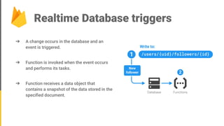 Realtime Database triggers
➔ A change occurs in the database and an
event is triggered.
➔ Function is invoked when the event occurs
and performs its tasks.
➔ Function receives a data object that
contains a snapshot of the data stored in the
speciﬁed document.
 