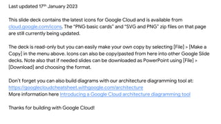 Last updated 17th January 2023
This slide deck contains the latest icons for Google Cloud and is available from
cloud.google.com/icons. The “PNG basic cards” and “SVG and PNG” zip files on that page
are still currently being updated.
The deck is read-only but you can easily make your own copy by selecting [File] > [Make a
Copy] in the menu above. Icons can also be copy/pasted from here into other Google Slide
decks. Note also that if needed slides can be downloaded as PowerPoint using [File] >
[Download] and choosing the format.
Don’t forget you can also build diagrams with our architecture diagramming tool at:
https://googlecloudcheatsheet.withgoogle.com/architecture
More information here Introducing a Google Cloud architecture diagramming tool
Thanks for building with Google Cloud!
 