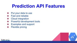 Prediction API Features
★ Put your data to use
★ Fast and reliable
★ Cloud integration
★ Powerful development tools
★ Examples and support
★ Flexible pricing
 