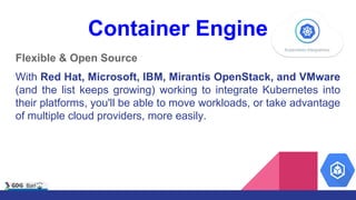 Container Engine
Flexible & Open Source
With Red Hat, Microsoft, IBM, Mirantis OpenStack, and VMware
(and the list keeps growing) working to integrate Kubernetes into
their platforms, you'll be able to move workloads, or take advantage
of multiple cloud providers, more easily.
 