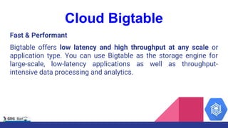 Cloud Bigtable
Fast & Performant
Bigtable offers low latency and high throughput at any scale or
application type. You can use Bigtable as the storage engine for
large-scale, low-latency applications as well as throughput-
intensive data processing and analytics.
 
