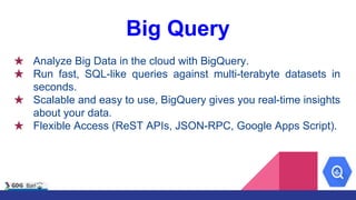Big Query
★ Analyze Big Data in the cloud with BigQuery.
★ Run fast, SQL-like queries against multi-terabyte datasets in
seconds.
★ Scalable and easy to use, BigQuery gives you real-time insights
about your data.
★ Flexible Access (ReST APIs, JSON-RPC, Google Apps Script).
 