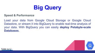 Big Query
Speed & Performance
Load your data from Google Cloud Storage or Google Cloud
Datastore, or stream it into BigQuery to enable real-time analysis of
your data. With BigQuery you can easily deploy Petabyte-scale
Databases.
 