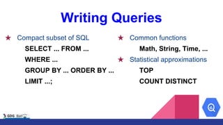 Writing Queries
★ Compact subset of SQL
SELECT ... FROM ...
WHERE ...
GROUP BY ... ORDER BY ...
LIMIT ...;
★ Common functions
Math, String, Time, ...
★ Statistical approximations
TOP
COUNT DISTINCT
 