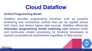 Cloud Dataflow
Unified Programming Model
Dataflow provides programming primitives such as powerful
windowing and correctness controls that can be applied across
both batch and stream based data sources. Dataflow effectively
eliminates programming model switching cost between batch
and continuous stream processing by enabling developers to
express computational requirements regardless of data source.
 