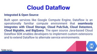 Cloud Dataflow
Integrated & Open Source
Built upon services like Google Compute Engine, Dataflow is an
operationally familiar compute environment that seamlessly
integrates with Cloud Storage, Cloud Pub/Sub, Cloud Datastore,
Cloud Bigtable, and BigQuery. The open source Java-based Cloud
Dataflow SDK enables developers to implement custom extensions
and to extend Dataflow to alternate service environments.
 