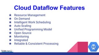 Cloud Dataflow Features
★ Resource Management
★ On Demand
★ Intelligent Work Scheduling
★ Auto Scaling
★ Unified Programming Model
★ Open Source
★ Monitoring
★ Integrated
★ Reliable & Consistent Processing
 