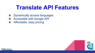 Translate API Features
★ Dynamically access languages
★ Accessible with Google API
★ Affordable, easy pricing
 