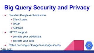 Big Query Security and Privacy
★ Standard Google Authentication
● Client Login
● OAuth
● AuthSub
★ HTTPS support
● protect...