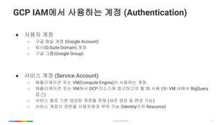 15
GCP IAM?? ???? ?? (Authentication)
 ??? ??
 ?? ?? ?? (Google Account)
 ??(G-Suite Domain) ??
 ?? ??(Google Group)
 ??? ?? (Service Account)
 ?????? ?? VM(Compute Engine)? ???? ??
 ?????? ?? VM?? GCP ???? ????? ? ? ?? (?: VM ??? BigQuery
??)
 ??? ?? ?? ??? ??? ?? (?? ?? ? ?? ??)
 ??? ??? ??? ????? ?? ?? (Identity?? Resource)
 