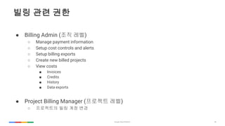 38
?? ?? ??
 Billing Admin (?? ??)
 Manage payment information
 Setup cost controls and alerts
 Setup billing exports
 Create new billed projects
 View costs
 Invoices
 Credits
 History
 Data exports
 Project Billing Manager (???? ??)
 ????? ?? ?? ??
 