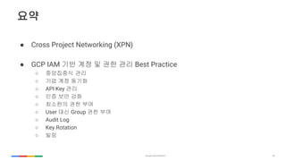 44
??
 Cross Project Networking (XPN)
 GCP IAM ?? ?? ? ?? ?? Best Practice
 ????? ??
 ?? ?? ???
 API Key ??
 ?? ?? ??
 ???? ?? ??
 User ?? Group ?? ??
 Audit Log
 Key Rotation
 ??
 