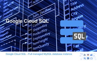 Google Cloud SQL

Google Cloud SQL - Full managed MySQL database instance

 