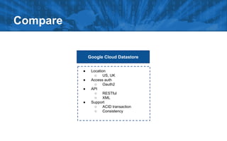 Compare

Google Cloud Datastore
●
●
●

●

Location
○
US, UK
Access auth
○
Oauth2
API
○
RESTful
○
XML
Support
○
ACID transaction
○
Consistency

 