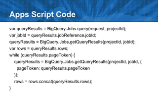 Apps Script Code
var queryResults = BigQuery.Jobs.query(request, projectId);
var jobId = queryResults.jobReference.jobId;
queryResults = BigQuery.Jobs.getQueryResults(projectId, jobId);
var rows = queryResults.rows;
while (queryResults.pageToken) {
queryResults = BigQuery.Jobs.getQueryResults(projectId, jobId, {
pageToken: queryResults.pageToken
});
rows = rows.concat(queryResults.rows);
}

 