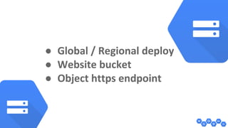 ● Global / Regional deploy 
● Website bucket 
● Object https endpoint 
 