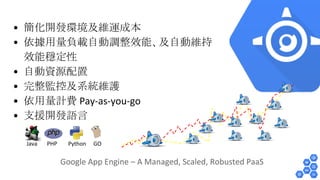 • 簡化開發環境及維運成本 
• 依據用量負載自動調整效能、及自動維持 
效能穩定性 
• 自動資源配置 
• 完整監控及系統維護 
• 依用量計費 Pay-as-you-go 
• 支援開發語言 
Java PHP Python GO 
Google App Engine – A Managed, Scaled, Robusted PaaS 
 