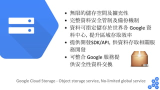 • 無限的儲存空間及擴充性 
• 完整資料安全管制及備份機制 
• 資料可指定儲存於世界各 Google 資 
料中心，提升區域存取效率 
• 提供開發SDK/API，供資料存取相關服 
務開發 
• 可整合 Google 服務提 
供安全性資料交換 
Google Cloud Storage - Object storage service, No-limited global service 
 