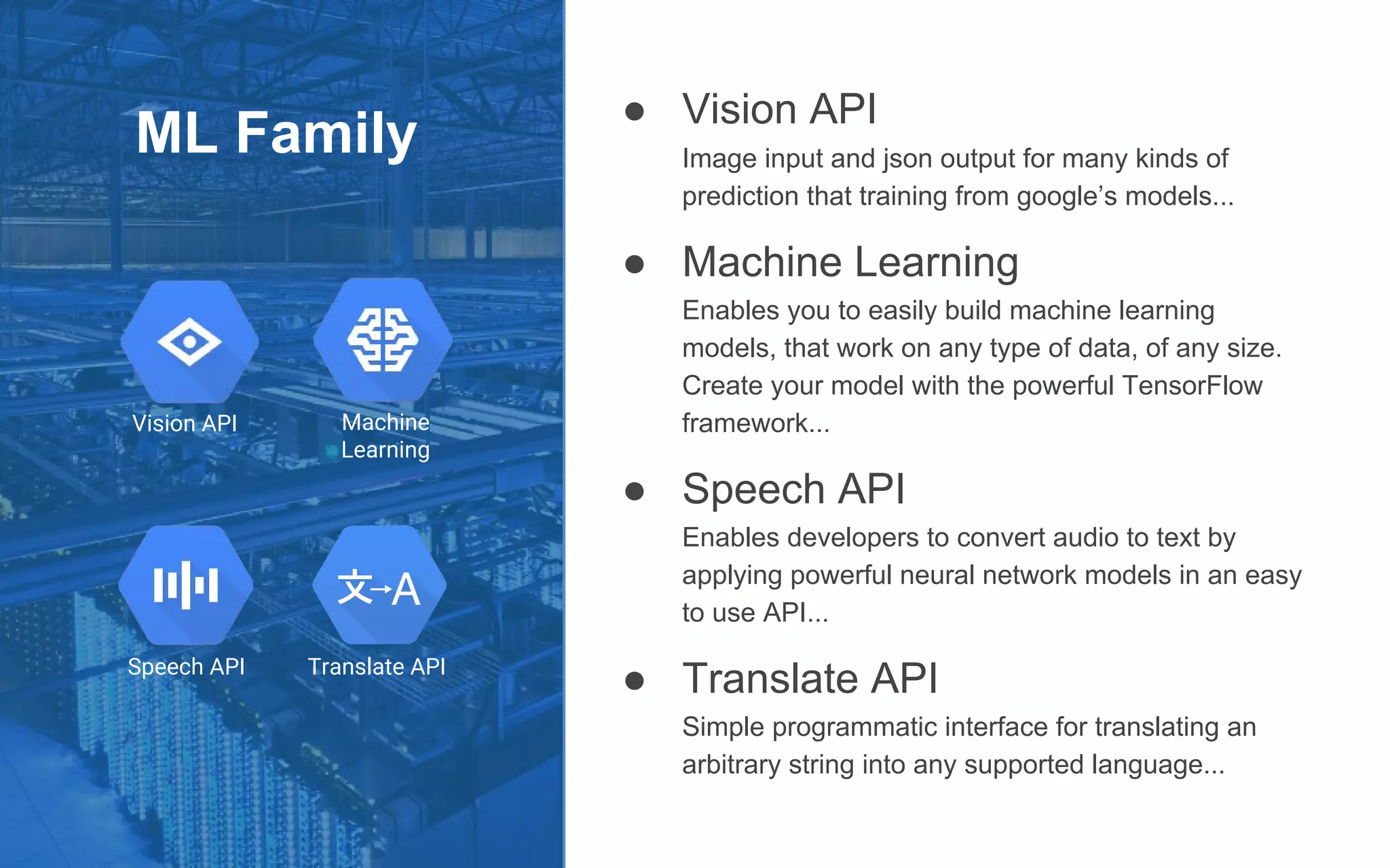 ● Vision API
Image input and json output for many kinds of
prediction that training from google’s models...
● Machine Learning
Enables you to easily build machine learning
models, that work on any type of data, of any size.
Create your model with the powerful TensorFlow
framework...
● Speech API
Enables developers to convert audio to text by
applying powerful neural network models in an easy
to use API...
● Translate API
Simple programmatic interface for translating an
arbitrary string into any supported language...
ML Family
Speech API
Machine
Learning
Translate API
Vision API
 