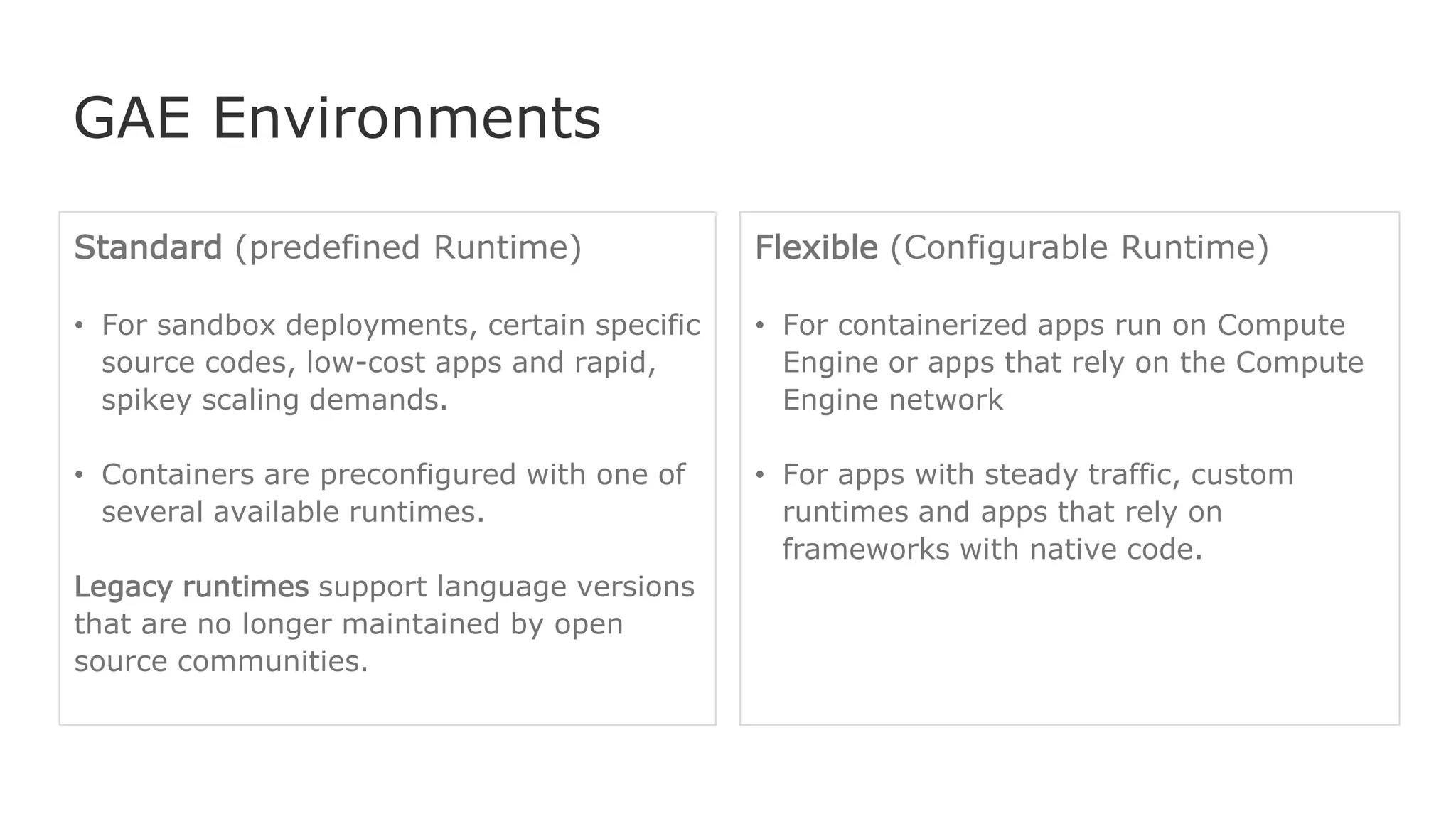 GAE Environments
Standard (predefined Runtime)
• For sandbox deployments, certain specific
source codes, low-cost apps and rapid,
spikey scaling demands.
• Containers are preconfigured with one of
several available runtimes.
Legacy runtimes support language versions
that are no longer maintained by open
source communities.
Flexible (Configurable Runtime)
• For containerized apps run on Compute
Engine or apps that rely on the Compute
Engine network
• For apps with steady traffic, custom
runtimes and apps that rely on
frameworks with native code.
 