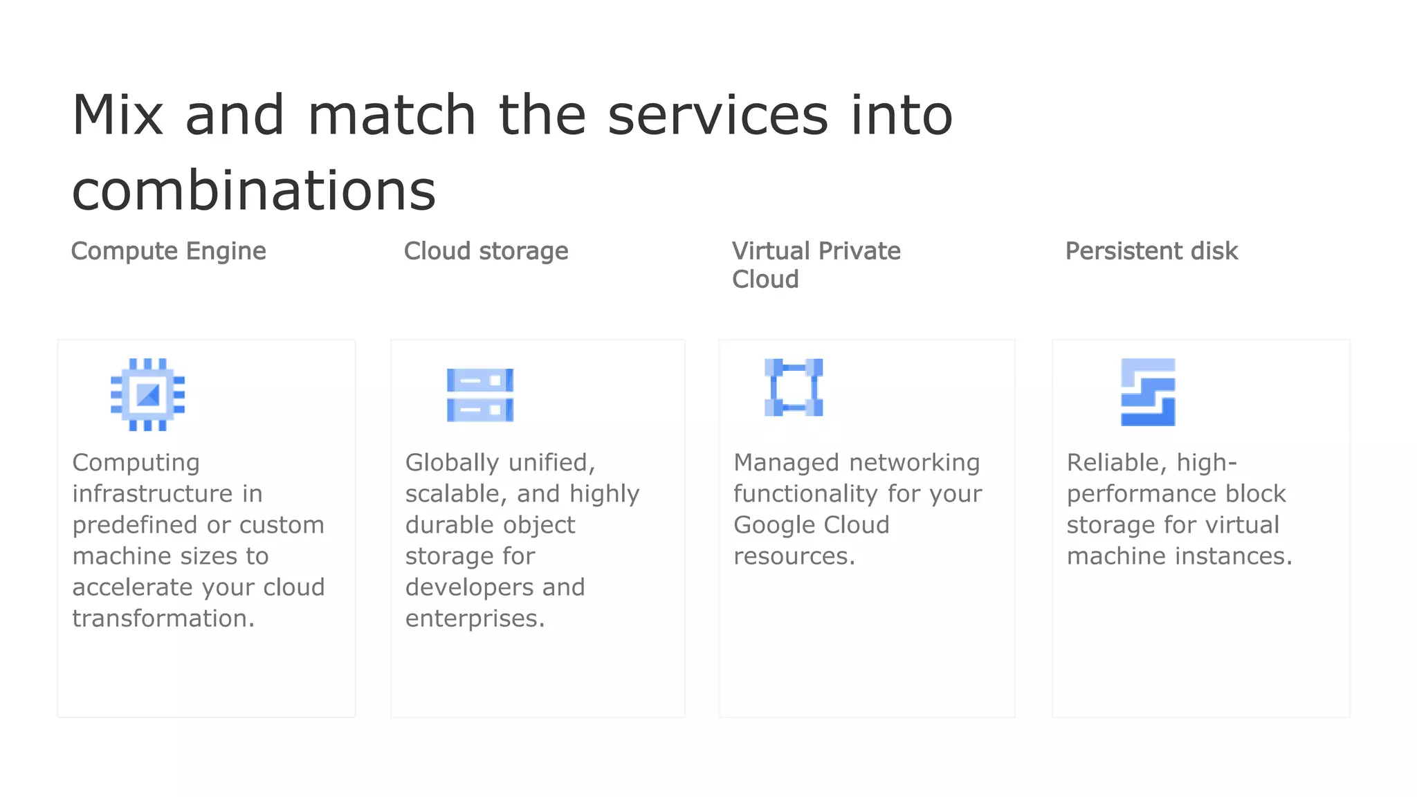 Mix and match the services into
combinations
Computing
infrastructure in
predefined or custom
machine sizes to
accelerate your cloud
transformation.
Compute Engine
Globally unified,
scalable, and highly
durable object
storage for
developers and
enterprises.
Cloud storage
Managed networking
functionality for your
Google Cloud
resources.
Virtual Private
Cloud
Reliable, high-
performance block
storage for virtual
machine instances.
Persistent disk
 