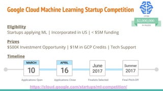 Google Cloud Machine Learning Startup Competition
https://cloud.google.com/startups/ml-competition/
Eligibility
Startups applying ML | Incorporated in US | < $5M funding
Prizes
$500K Investment Opportunity | $1M in GCP Credits | Tech Support
Timeline
 