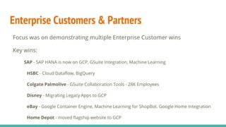 Enterprise Customers & Partners
Focus was on demonstrating multiple Enterprise Customer wins
Key wins:
SAP - SAP HANA is now on GCP, GSuite Integration, Machine Learning
HSBC - Cloud Dataflow, BigQuery
Colgate Palmolive - GSuite Collaboration Tools - 28K Employees
Disney - Migrating Legacy Apps to GCP
eBay - Google Container Engine, Machine Learning for ShopBot. Google Home Integration
Home Depot - moved flagship website to GCP
 