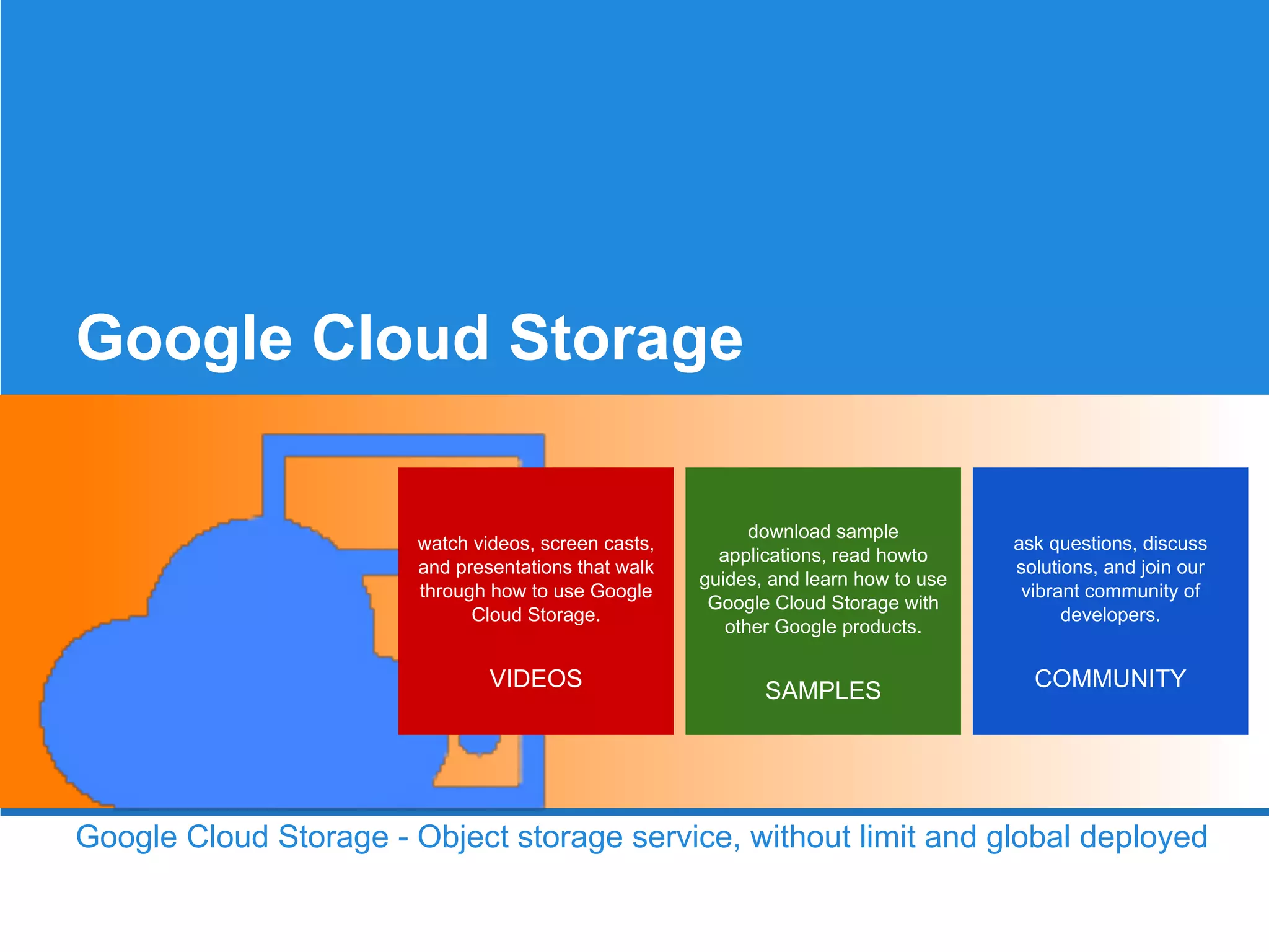 Google Cloud Storage

watch videos, screen casts,
and presentations that walk
through how to use Google
Cloud Storage.

VIDEOS

download sample
applications, read howto
guides, and learn how to use
Google Cloud Storage with
other Google products.

SAMPLES

ask questions, discuss
solutions, and join our
vibrant community of
developers.

COMMUNITY

Google Cloud Storage - Object storage service, without limit and global deployed

 