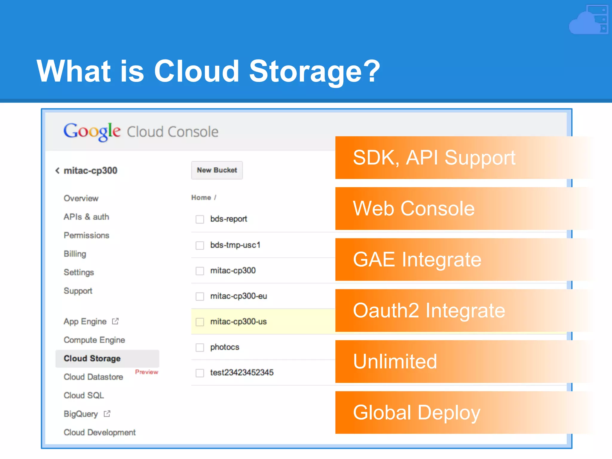 What is Cloud Storage?
SDK, API Support
Web Console
GAE Integrate
Oauth2 Integrate
Unlimited
Global Deploy

 