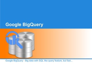 Google BigQuery

Google BigQuery - Big data with SQL like query feature, but fast...

 