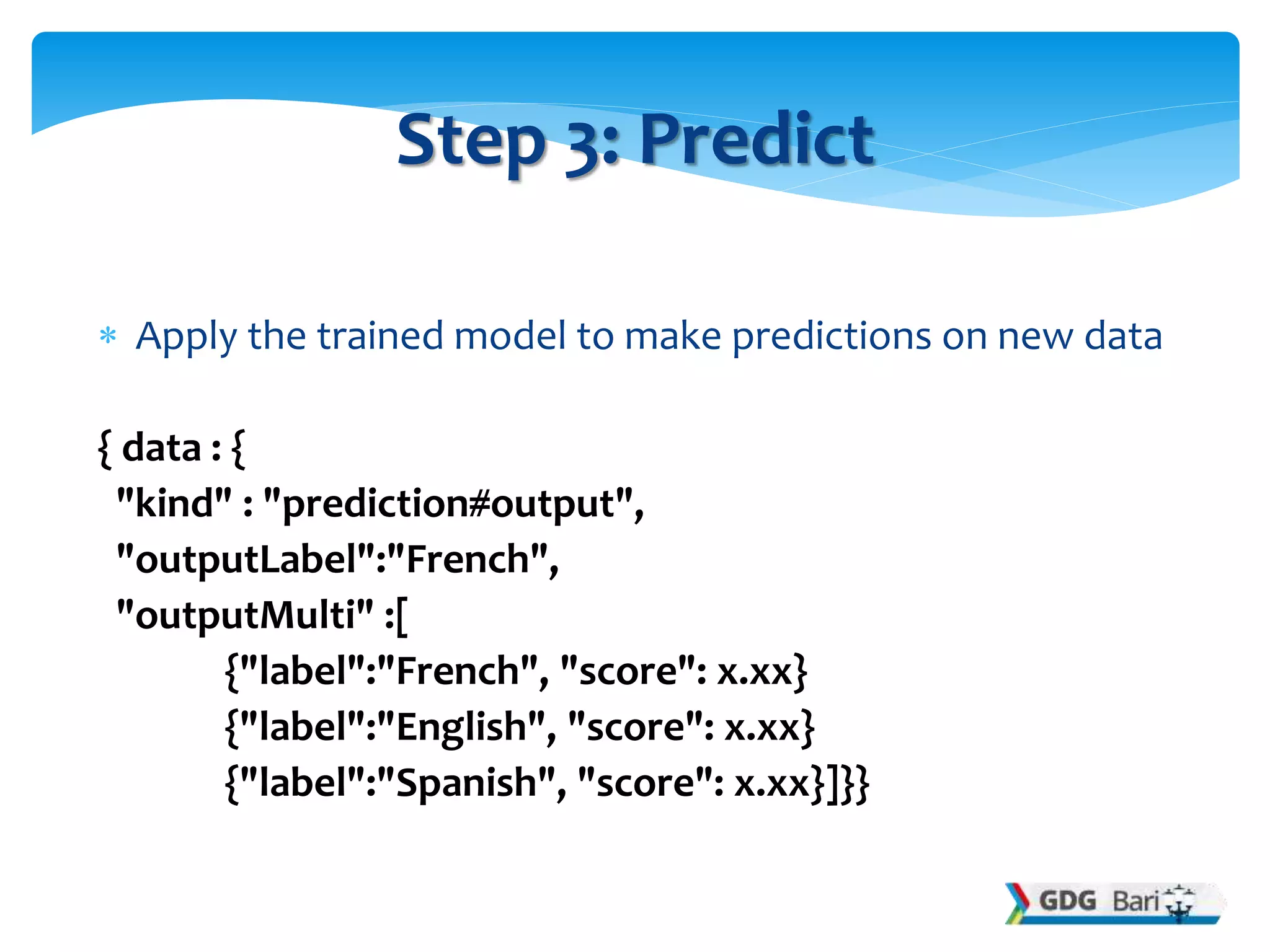  Apply the trained model to make predictions on new data
{ data : {
"kind" : "prediction#output",
"outputLabel":"French",
"outputMulti" :[
{"label":"French", "score": x.xx}
{"label":"English", "score": x.xx}
{"label":"Spanish", "score": x.xx}]}}
Step 3: Predict
 