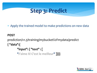  Apply the trained model to make predictions on new data
POST
prediction/v1.3/training/mybucket%2Fmydata/predict
{ "data":{
"input": { "text" : [
"J'aime X! C'est le meilleur" ]}}}
Step 3: Predict
 