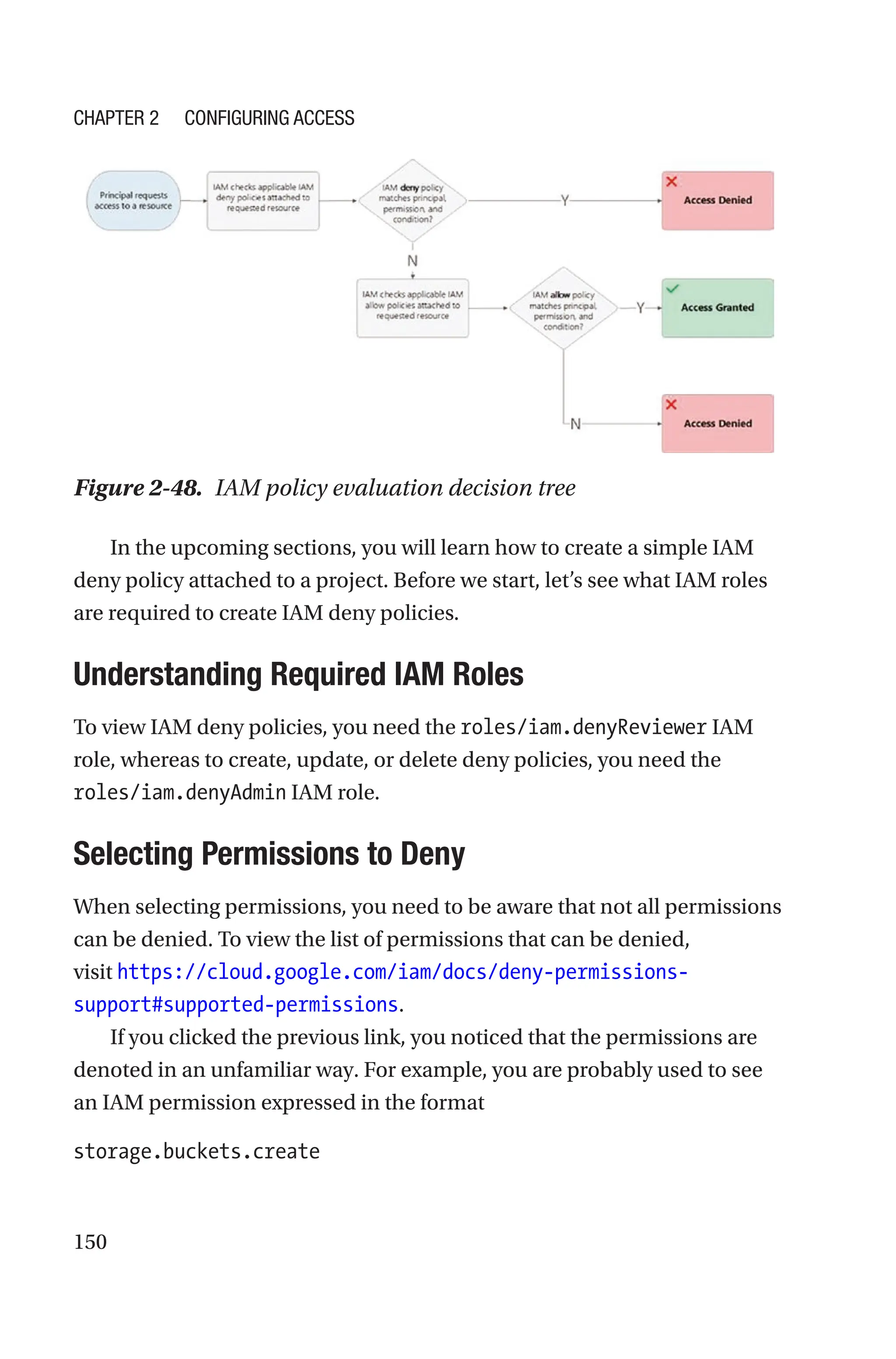150
Figure 2-48. IAM policy evaluation decision tree
In the upcoming sections, you will learn how to create a simple IAM
deny policy attached to a project. Before we start, let’s see what IAM roles
are required to create IAM deny policies.

Understanding Required IAM Roles
To view IAM deny policies, you need the roles/iam.denyReviewer IAM
role, whereas to create, update, or delete deny policies, you need the
roles/iam.denyAdmin IAM role.

Selecting Permissions to Deny
When selecting permissions, you need to be aware that not all permissions
can be denied. To view the list of permissions that can be denied,
visit https://cloud.google.com/iam/docs/deny-permissions-
support#supported-permissions.
If you clicked the previous link, you noticed that the permissions are
denoted in an unfamiliar way. For example, you are probably used to see
an IAM permission expressed in the format
storage.buckets.create
Chapter 2 Configuring Access
 