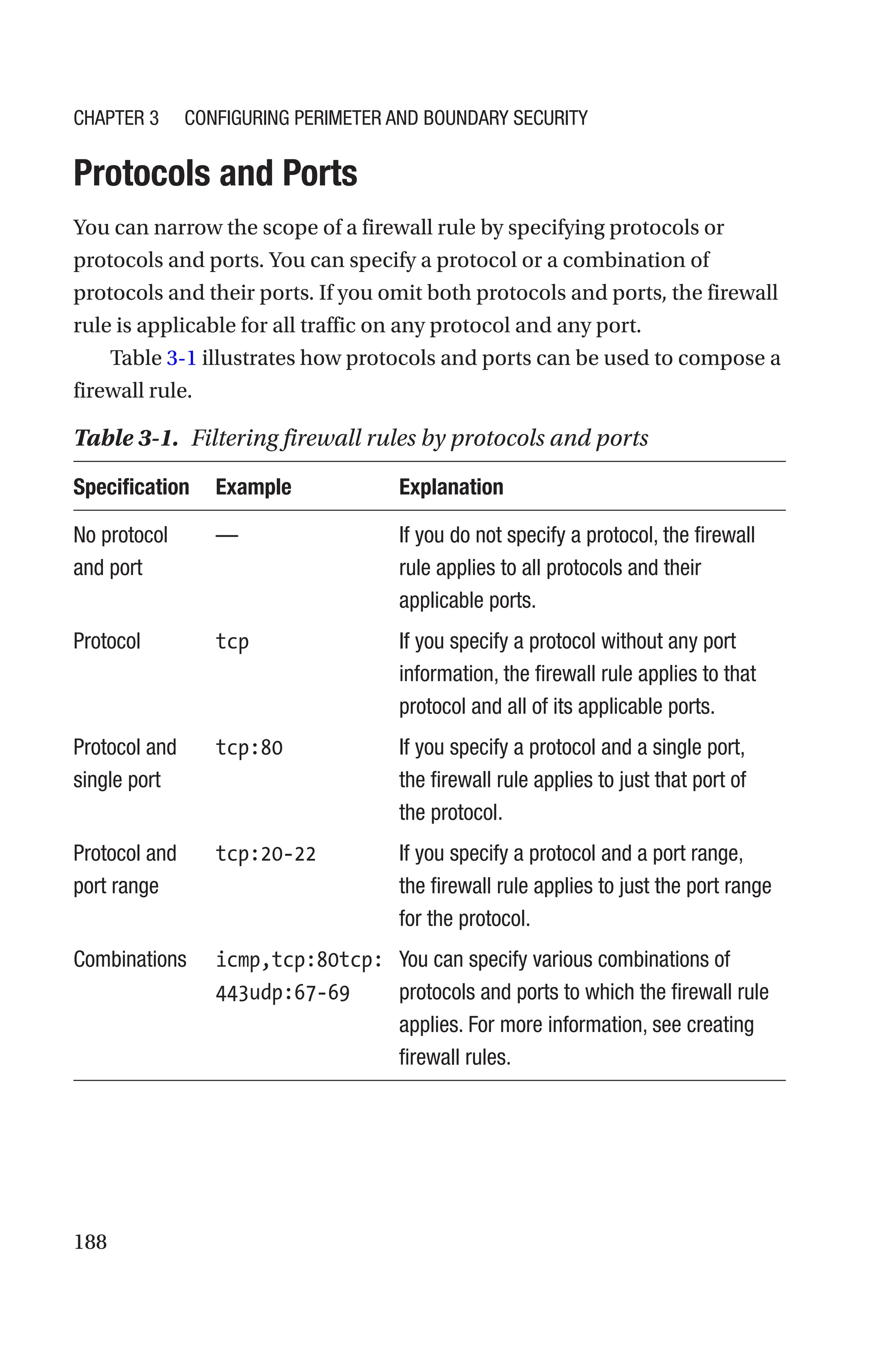 188
Protocols and Ports
You can narrow the scope of a firewall rule by specifying protocols or
protocols and ports. You can specify a protocol or a combination of
protocols and their ports. If you omit both protocols and ports, the firewall
rule is applicable for all traffic on any protocol and any port.
Table 3-1 illustrates how protocols and ports can be used to compose a
firewall rule.
Table 3-1. Filtering firewall rules by protocols and ports
Specification Example Explanation
No protocol
and port
— If you do not specify a protocol, the firewall
rule applies to all protocols and their
applicable ports.
Protocol tcp If you specify a protocol without any port
information, the firewall rule applies to that
protocol and all of its applicable ports.
Protocol and
single port
tcp:80 If you specify a protocol and a single port,
the firewall rule applies to just that port of
the protocol.
Protocol and
port range
tcp:20-22 If you specify a protocol and a port range,
the firewall rule applies to just the port range
for the protocol.
Combinations icmp,tcp:80tcp:
443udp:67-69
You can specify various combinations of
protocols and ports to which the firewall rule
applies. For more information, see creating
firewall rules.
Chapter 3 Configuring Perimeter and Boundary Security
 
