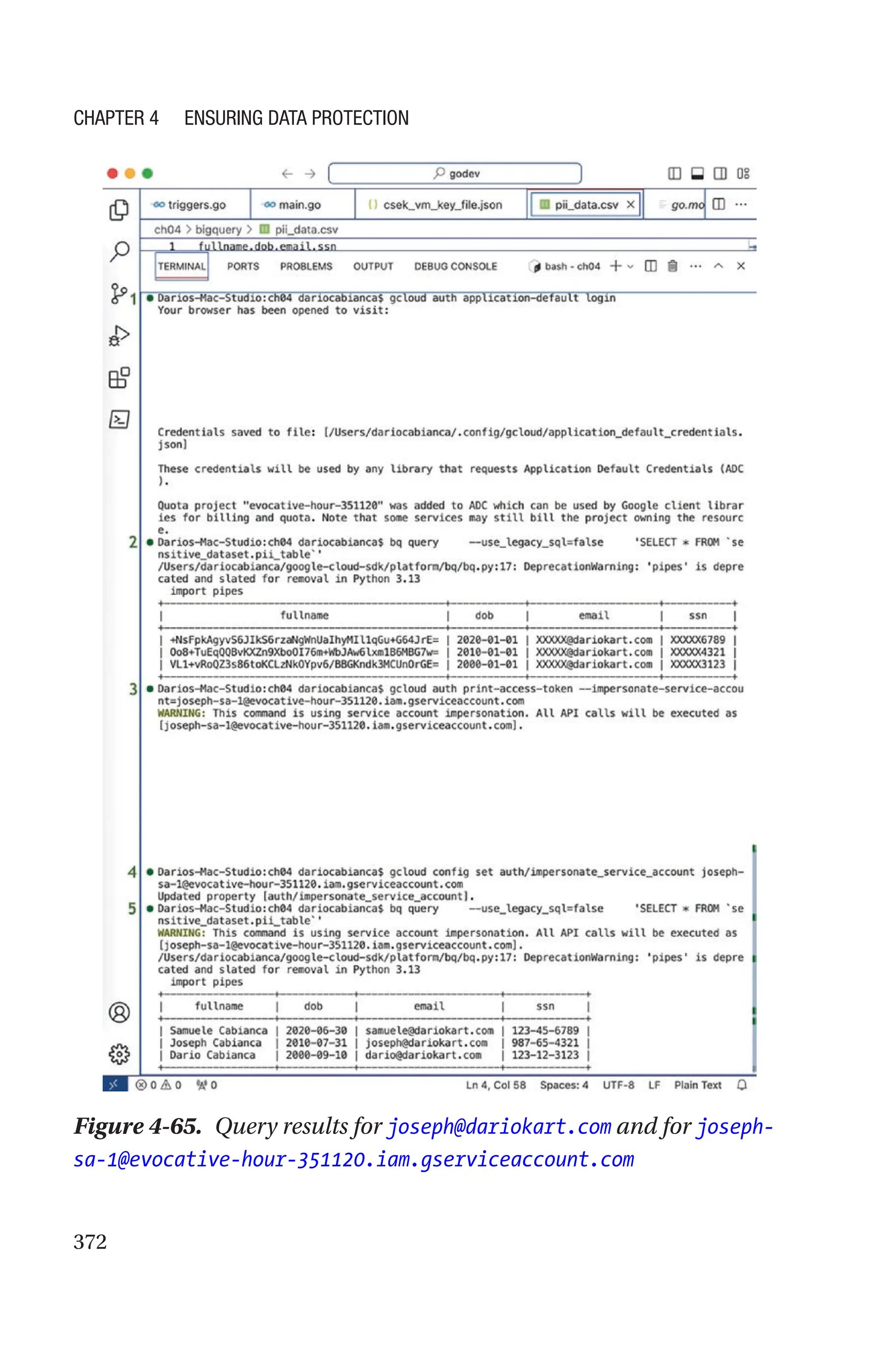 372
Figure 4-65. Query results for joseph@dariokart.com and for joseph-­
sa-­1@evocative-hour-351120.iam.gserviceaccount.com
Chapter 4 Ensuring Data Protection
 