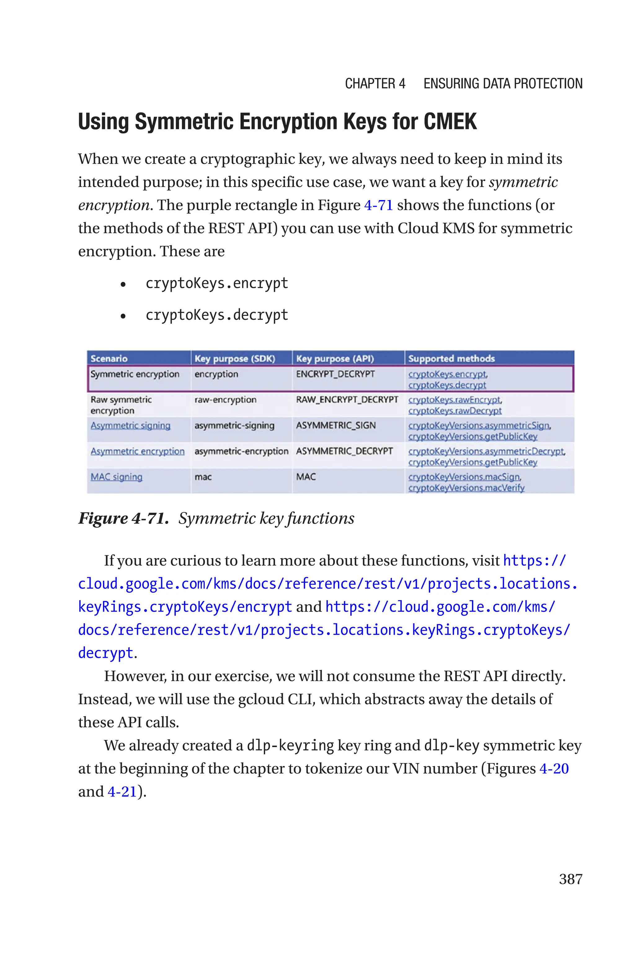 387

Using Symmetric Encryption Keys for CMEK
When we create a cryptographic key, we always need to keep in mind its
intended purpose; in this specific use case, we want a key for symmetric
encryption. The purple rectangle in Figure 4-71 shows the functions (or
the methods of the REST API) you can use with Cloud KMS for symmetric
encryption. These are
• cryptoKeys.encrypt
• cryptoKeys.decrypt
Figure 4-71. Symmetric key functions
If you are curious to learn more about these functions, visit https://
cloud.google.com/kms/docs/reference/rest/v1/projects.locations.
keyRings.cryptoKeys/encrypt and https://cloud.google.com/kms/
docs/reference/rest/v1/projects.locations.keyRings.cryptoKeys/
decrypt.
However, in our exercise, we will not consume the REST API directly.
Instead, we will use the gcloud CLI, which abstracts away the details of
these API calls.
We already created a dlp-keyring key ring and dlp-key symmetric key
at the beginning of the chapter to tokenize our VIN number (Figures 4-20
and 4-21).
Chapter 4 Ensuring Data Protection
 