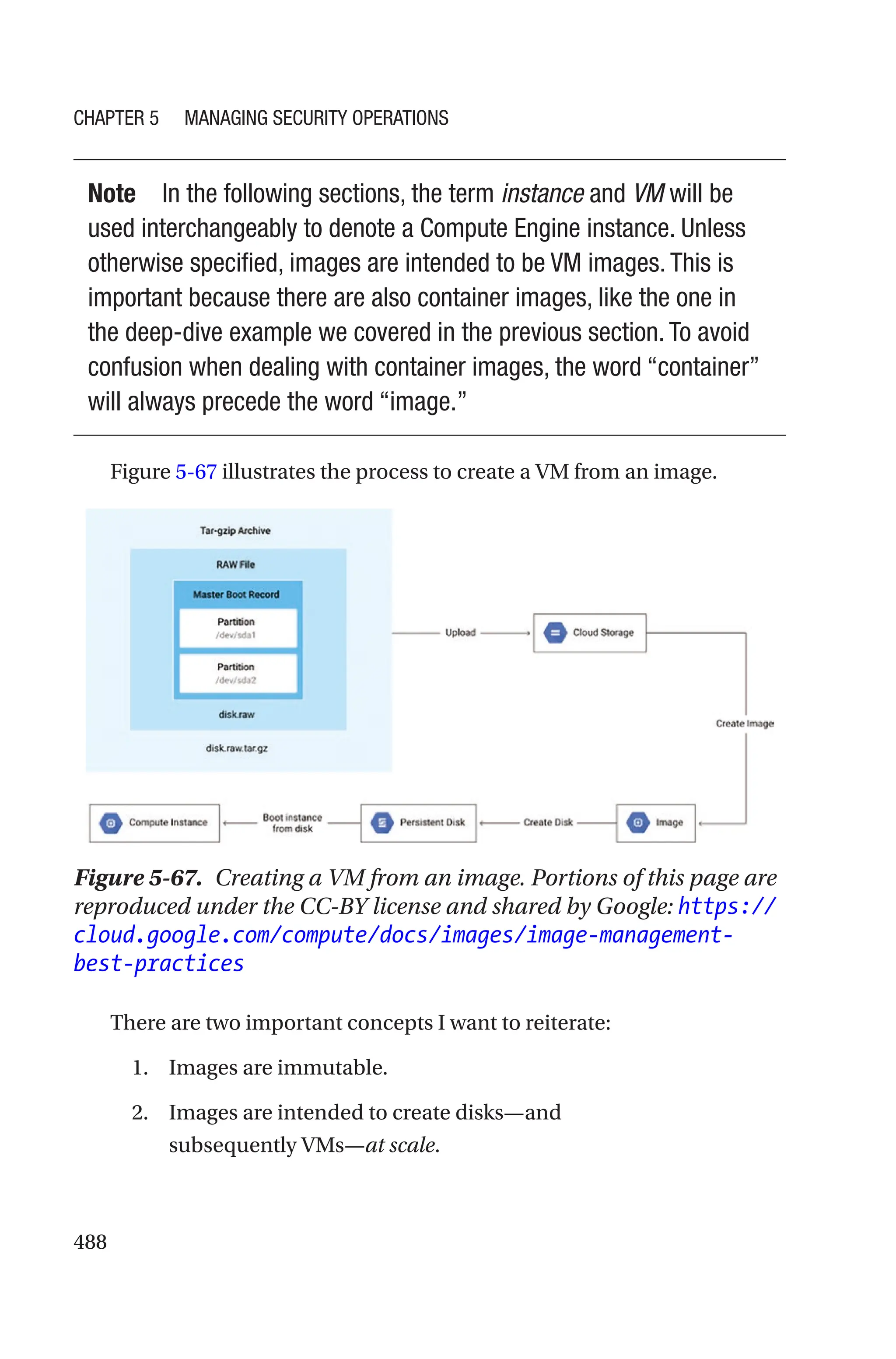 488
Note In the following sections, the term instance and VM will be
used interchangeably to denote a Compute Engine instance. Unless
otherwise specified, images are intended to be VM images. This is
important because there are also container images, like the one in
the deep-dive example we covered in the previous section. To avoid
confusion when dealing with container images, the word “container”
will always precede the word “image.”
Figure 5-67 illustrates the process to create a VM from an image.
Figure 5-67. Creating a VM from an image. Portions of this page are
reproduced under the CC-BY license and shared by Google: https://
cloud.google.com/compute/docs/images/image-management-
best-practices
There are two important concepts I want to reiterate:
1. Images are immutable.
2. Images are intended to create disks—and
subsequently VMs—at scale.
Chapter 5 Managing Security Operations
 