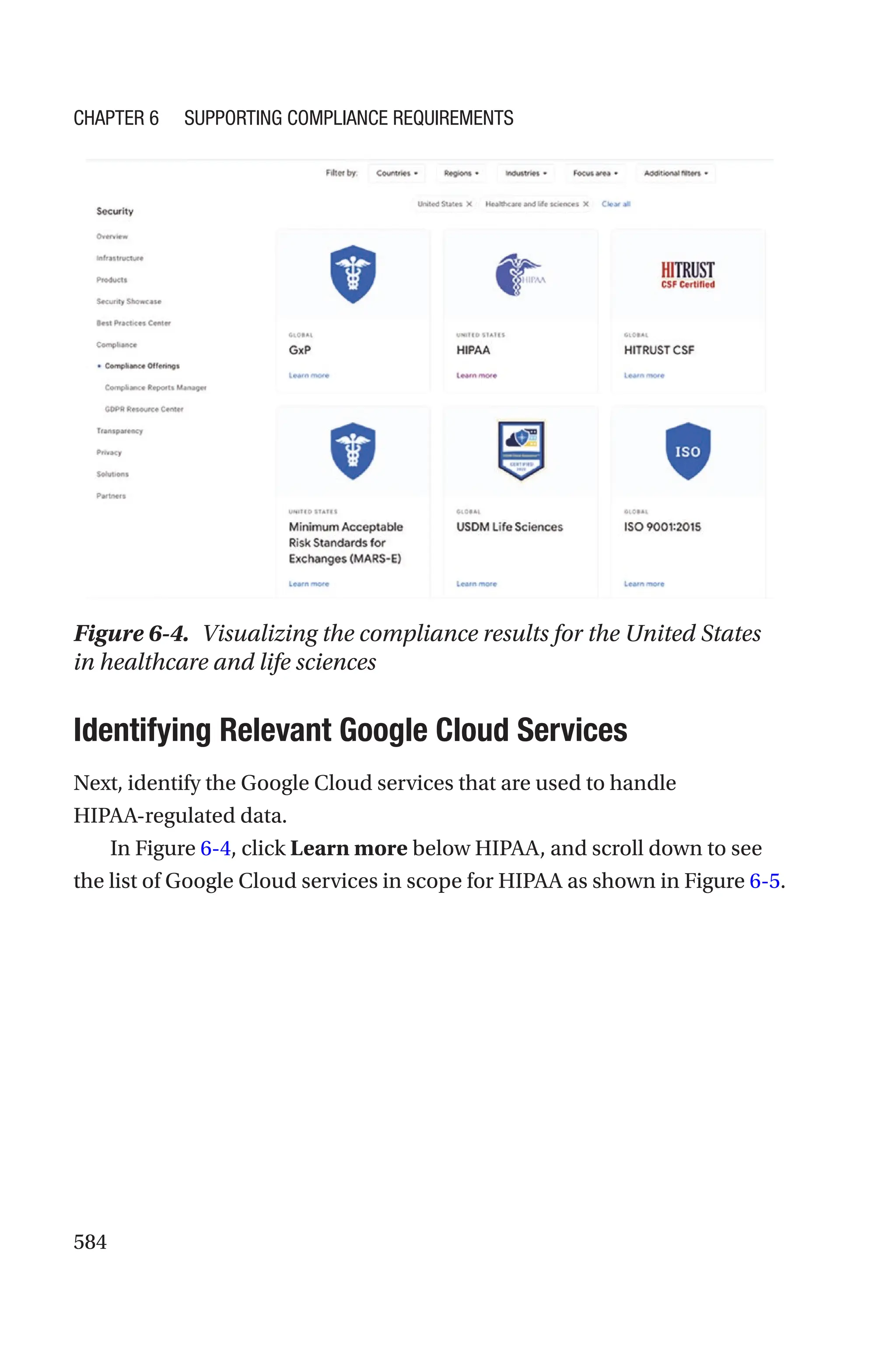 584
Figure 6-4. Visualizing the compliance results for the United States
in healthcare and life sciences

Identifying Relevant Google Cloud Services
Next, identify the Google Cloud services that are used to handle
HIPAA-regulated data.
In Figure 6-4, click Learn more below HIPAA, and scroll down to see
the list of Google Cloud services in scope for HIPAA as shown in Figure 6-5.
Chapter 6 Supporting Compliance Requirements
 