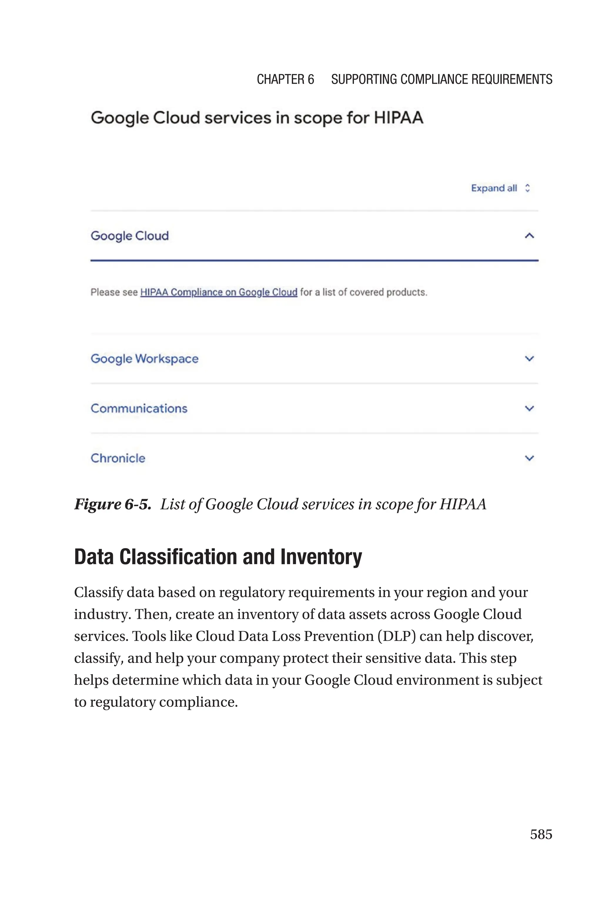 585
Figure 6-5. List of Google Cloud services in scope for HIPAA

Data Classification and Inventory
Classify data based on regulatory requirements in your region and your
industry. Then, create an inventory of data assets across Google Cloud
services. Tools like Cloud Data Loss Prevention (DLP) can help discover,
classify, and help your company protect their sensitive data. This step
helps determine which data in your Google Cloud environment is subject
to regulatory compliance.
Chapter 6 Supporting Compliance Requirements
 