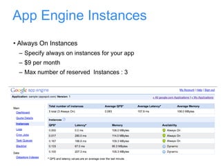 App Engine Instances Always On Instances Specify always on instances for your app $9 per month Max number of reserved  Instances : 3 