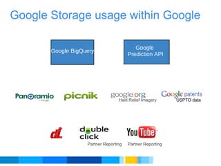 Google Storage usage within Google Haiti Relief Imagery USPTO data Partner Reporting Google   BigQuery Google   Prediction API Partner Reporting 