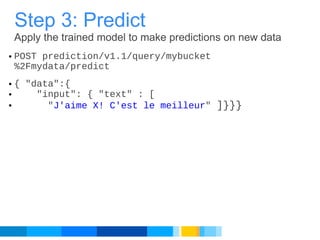 POST prediction/v1.1/query/mybucket%2Fmydata/predict { "data":{       "input": { "text" : [        " J'aime X! C'est le meilleur "  ]}}} Step 3: Predict Apply the trained model to make predictions on new data 