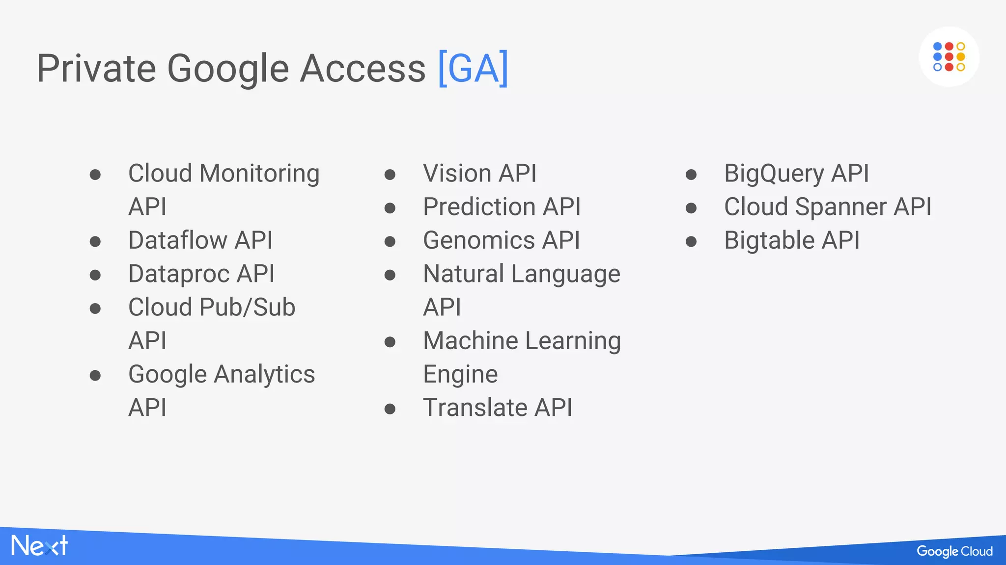 Private Google Access [GA]
Internet
GCP resource
プライベートな経路
*.googleapis.com
Private RFC 1918 space
Private IP
プロジェクト/
リソース
Webserver-prod
VPC
Storage-prod
プロジェクト/
リソース
GCE/GKE
パブリックな経路
 