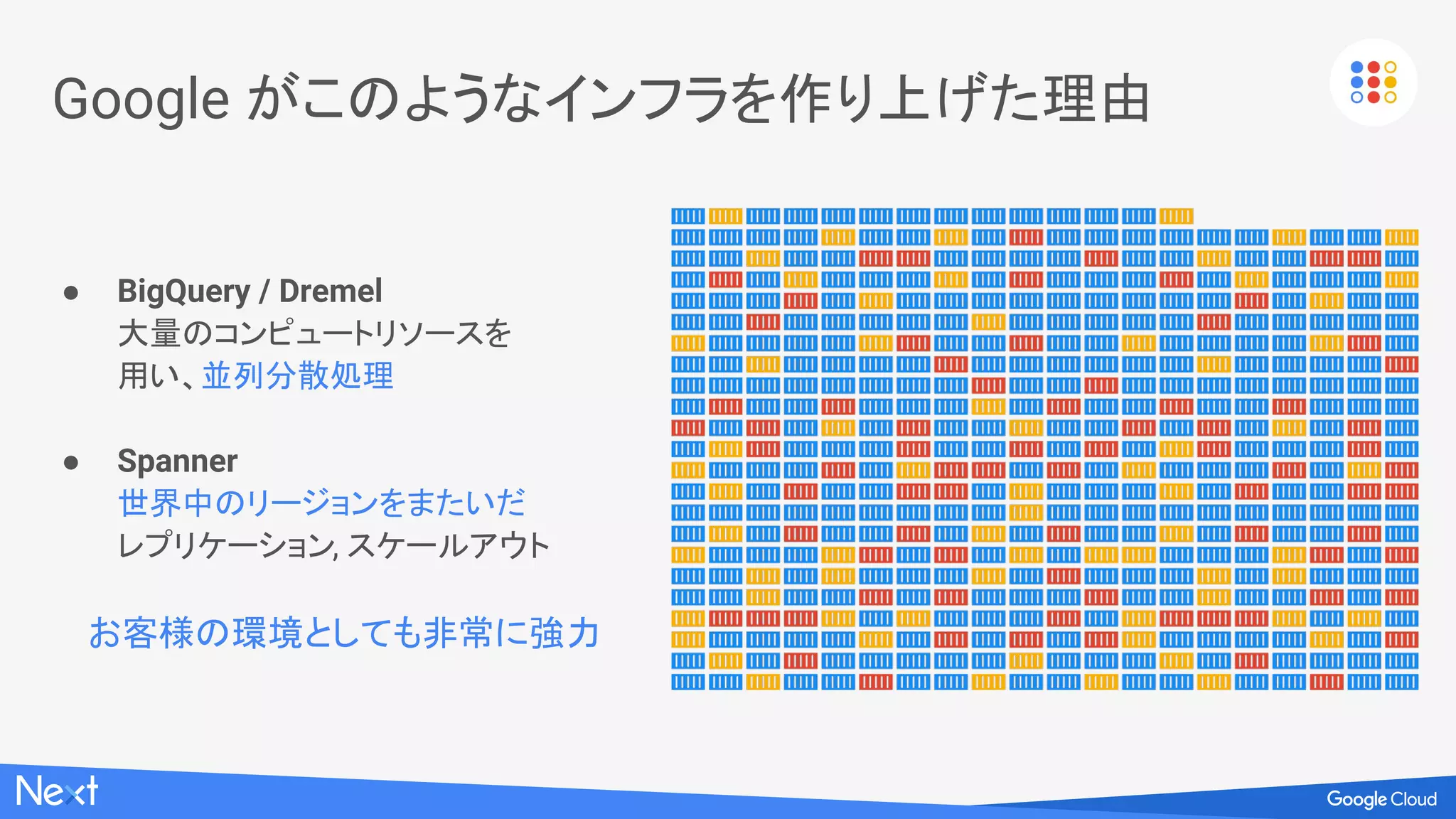 高速な帯域
● Compute Engine Instance : 最大 Throughput 16 Gbps
● Compute Engine チームが定期的に測定
○ シングルストリーム: 平均で 8.5 Gbps を達成
○ マルチストリーム: 平均で 15 Gbps を達成
https://cloud.google.com/compute/docs/networks-and-firewalls#egress_throughput_caps
 