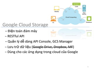 Google Cloud Storage
 – Điện toán đám mây
 – RESTful API
 – Quản lý dễ dàng API Console, GCS Manager
 – Lưu trữ dữ liệu (Google Drive, Dropbox, MF)
 – Dùng cho các ứng dụng trong cloud của Google


                                                  5
 